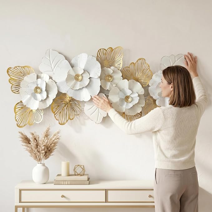 Axioglo 59" Large Wall Decor,3D Floral Metal Wall Art for Living Room | 59" x 27" metal wall decor with layered metal texture, mounting hardware, two-way display