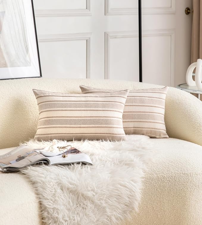 Cethom Decorative Boho Lumbar Throw Pillow Covers, Farmhouse Textured Pillow Case, 12 x 20 Inch Set of 2, Chair Sofa Bedroom Living Room Home Decor Couch Cushion Case, Tapue and Beige