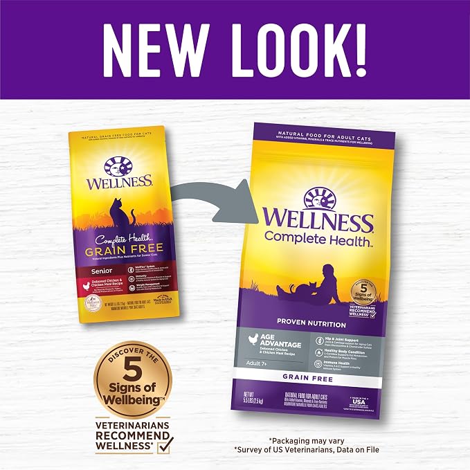 Wellness Complete Health Senior Dry Cat Food, Natural, Grain Free Kibble, Chicken Recipe, 5.5 lb Bag