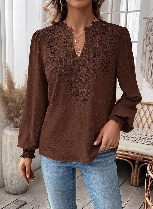 Womens Tops Swiss Dot Boho Long Sleeve Shirts V Neck Casual Chiffon Blouses Flowy Lace Hem Cute Clothing Trendy 2026