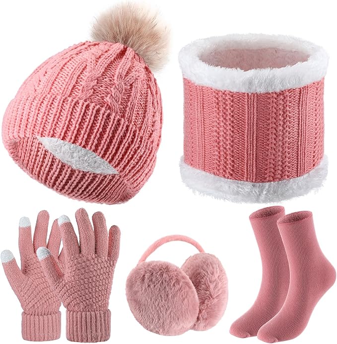 SATINIOR 5 Pcs Winter Hat Scarf Gloves Set Fleece Warm Lined Knit Beanie Hat Touch Screen Earmuff Gloves Warmer for Women(Pink,Fresh Style)