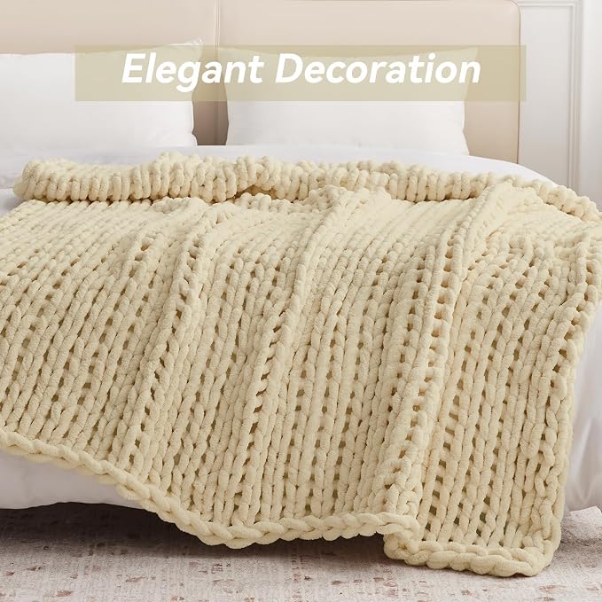 Negwoo Chunky Knit Throw Blanket, Knitted Throw Chenille Yarn, 80"*90" | Soft Thick Cable Knitted Blankets, Handmade Big Thick Blanket, Machine Washable Cute Comfy Blanket for Home Decor, Oatmeal