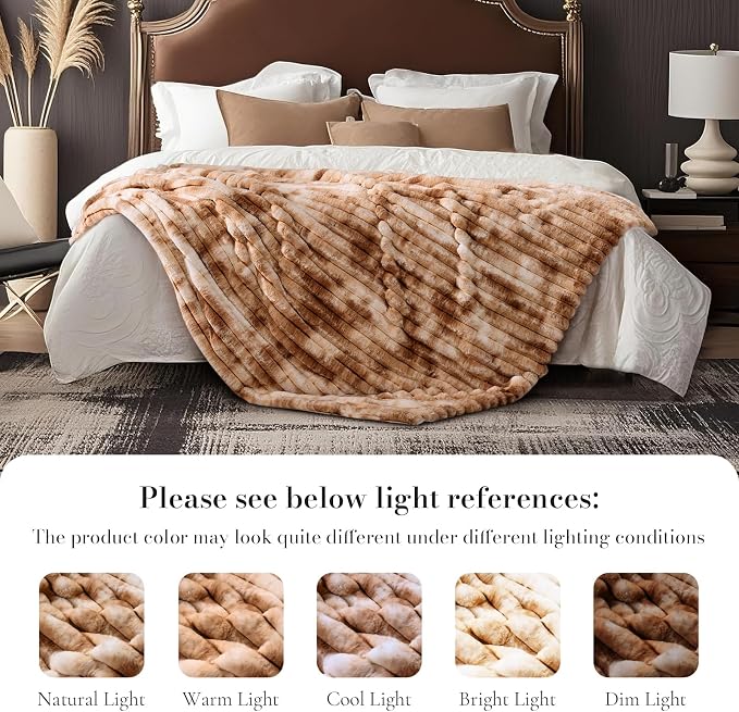 Faux Fur Throw Blanket for Couch, Cozy Fuzzy Fluffy Fur Luxurious Soft Striped Plush Gift Blankets for Family Sofa Chair Bedroom, 55"x70", Tie-dye Khaki