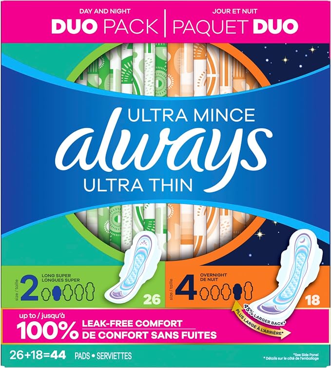 Always Ultra Thin Pads Duo Pack, Feminine Pads with Wings for Women, Size 2 Long Super and 4 Overnight Absorbency, Unscented, Up to 100% Leak-Free Protection, 44 CT