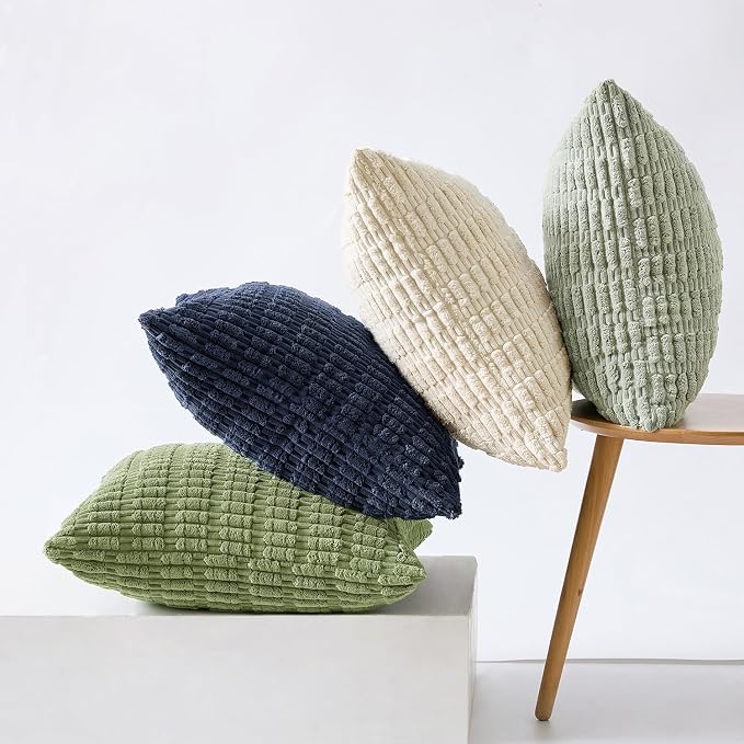 MIULEE Set of 4 Soft Corduroy Throw Pillow Covers Green Blue 18x18 Inch | Modern Farmhouse Boho Decorative pillows,Accent Cushion Covers for Couch,Sofa,Bedroom