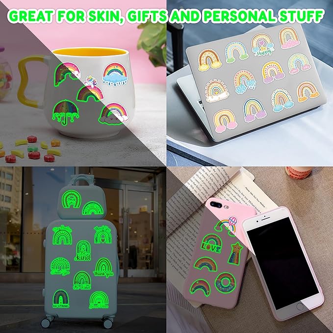 96 PCS Rainbow Pastel Rainbow Pre-Cut Luminous Glow in the dark Temporary Tattoos for Kids | Super Cute Themed Birthday Party Favors Supplies Decorations, Fake Tattoo Stickers Gifts for Boys Girls