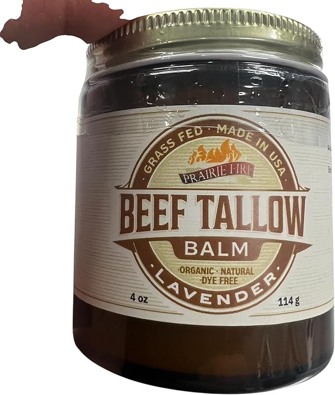 Grass Fed Beef Tallow Balm - 4 oz - Made in USA - Organic Grass Fed and Finished Tallow - Moisturizing Skin Care Lavender