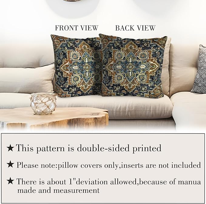 Boho Throw Pillow Covers 18x18 inch Set of 2,Bohemian Vintage Carpet Pattern Antique Ethnic Decor Double Sided Pattern Cushion Cover Soft Pillow Case Living Sofa Room Bed Square Pillow Cover