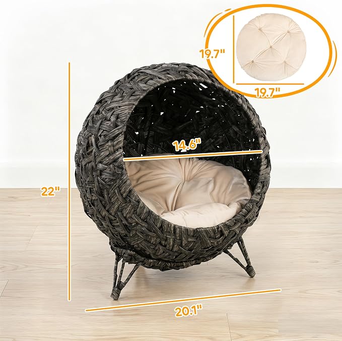PawHut Rattan Cat Bed Elevated Handwoven Cat Basket Bed for Kittens Gray | Soft Cushion, Metal Base, Indoor Kitty Furniture, Breathable