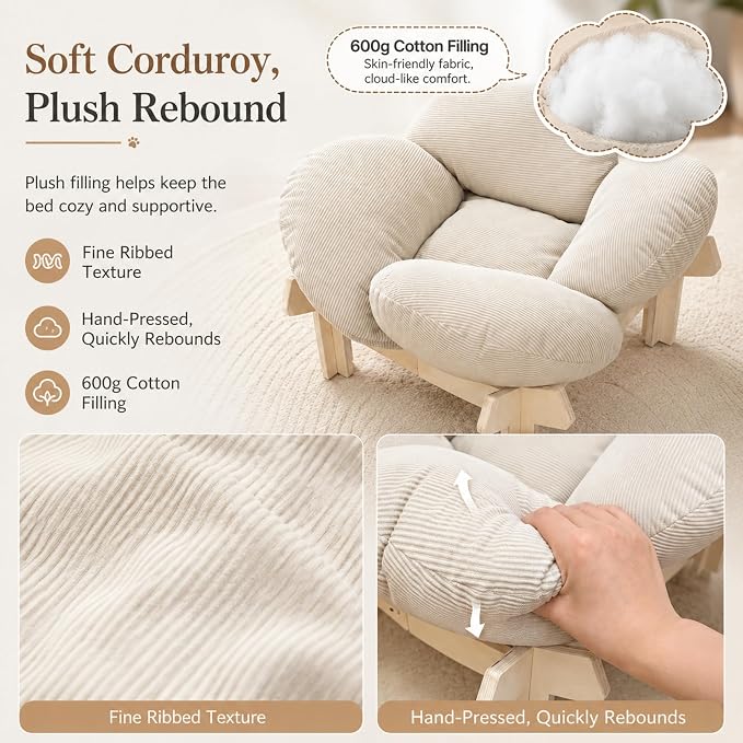 Wooden Elevated Cat Bed, Pet Sofa Furniture with Washable Cushion (Beige) | Soft Beds with Extra Filling prevent flattening, while Stable Wooden Frame with Base Board supports 50 lbs for Kitty & Puppy.
