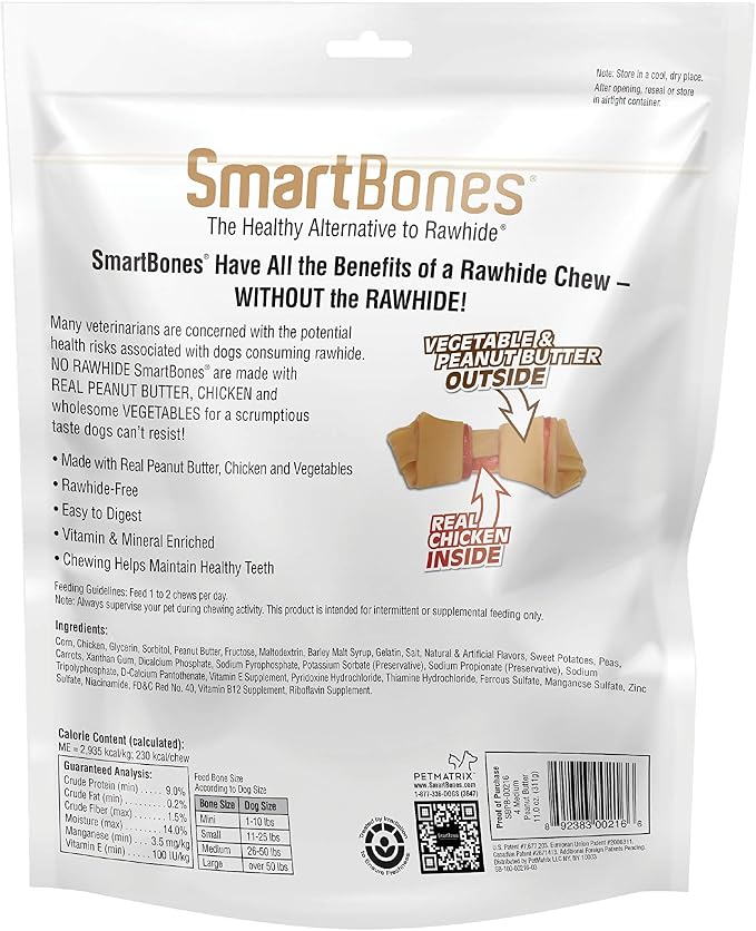 SmartBones Medium Bone Rawhide-Free Dog Treat, Real Peanut Butter, 4 Count | With Real Peanut Butter & Chicken, Easy To Digest Chew, Vitamin & Mineral Enriched, Supports Dental Health, For Medium Dogs