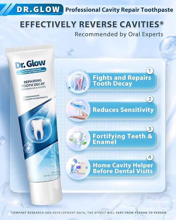 Dr. Glow Adult Cavity Repair Toothpaste, Cavity Reversing Hydroxyapatite Toothpaste, Cavity Filler for Tooth Remineralization, Tooth Decay Treatment Repair, Enamel Repair Cavity Remover, Fluoride Free