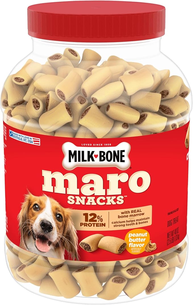 Milk-Bone MaroSnacks Peanut Butter Flavor Dog Treats, 40 oz Canister | Made with real bone marrow, crunchy outside & meaty flavor inside, 9.5 calories each, training treats, artificially flavored
