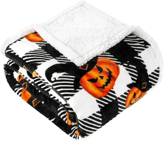 Halloween Blanket Twin Size 60" X 70"，Pumpkin Sherpa Fall Fuzzy Fluffy Soft Cozy Blankets, Fleece Flannel Plush Microfiber Throw for Couch Bed Sofa, Halloween Decor (BlackHalloween)