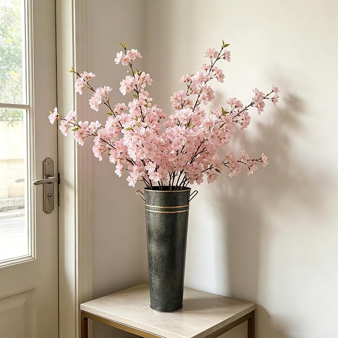 Hosley Set of 2 Zinc Finish French Bucket Vases with Handles 6"Dx15"H Perfect for Weddings, Parties, Country Picnics, Floral Arrangements, Tableware Storage, or Candle Gardens - Rustic Farmhouse Décor
