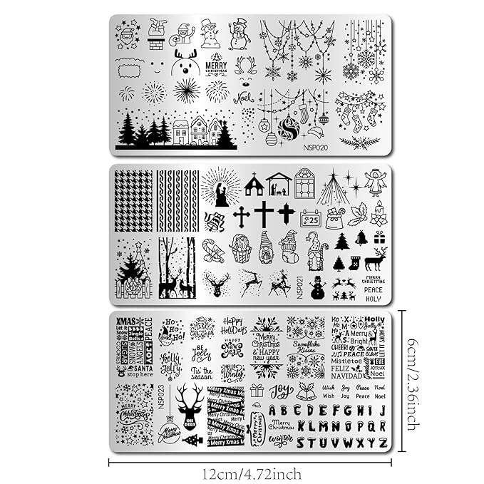 Arbuya Christmas Nail Art Stamping Plates Set of 3 - Winter Sentiment Xmas Greeting Words Snowflakes Stainless Steel Manicure Art Tools for DIY Print Manicure Salon Design Gift Supplies