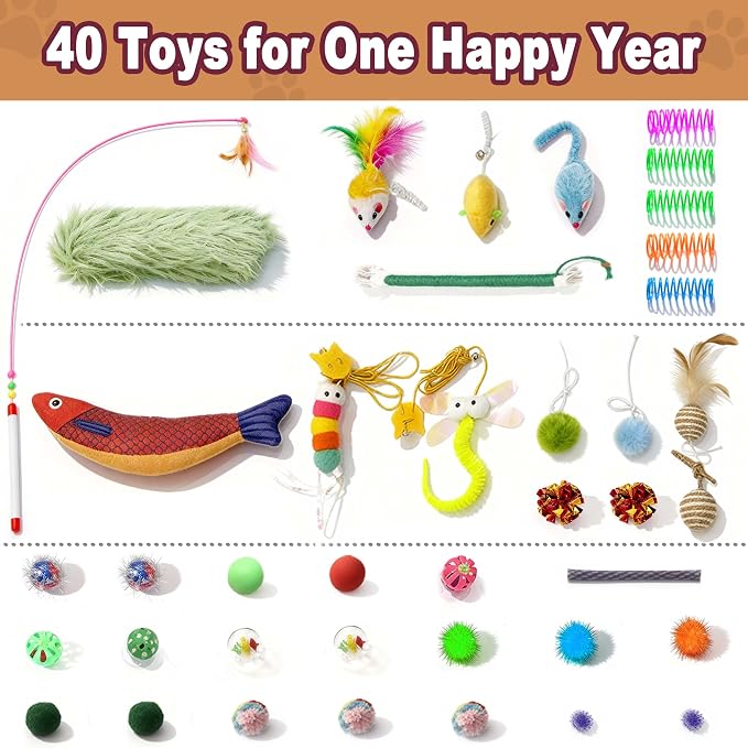 41 Pcs Interactive Cat Toys for Indoor Cats, Kitten Toys | with Soft Pillow, Catnip Toys, Chew Rope, Feather Wand, Springs, Balls, Cat Gifts