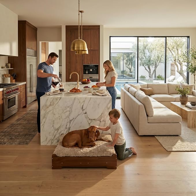 Elevated Wood Dog Bed Frame with Foam Mattress, WalnutPattern, M | Raised Dog Bed with Washable Cover, Furniture-Style Design for Indoor Living