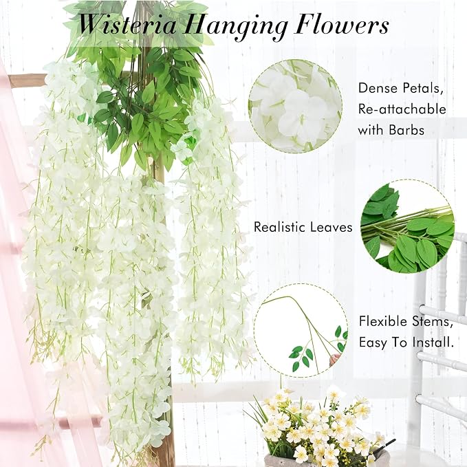 40 Pack White Wisteria Hanging Flowers, Fake Flowers for Decoration | Artificial Hanging Flowers, Vines for Bedroom, Flower Garland for Home, Party, Wall, Wedding Decoration(3.6 Ft/Pcs)