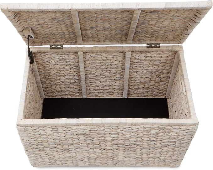Casafield 30" Storage Chest with Lid, Handles, and Safety Hinge - Whitewash White, Hyacinth Wicker Storage Trunk for Entry Way, Living Room, Bedroom