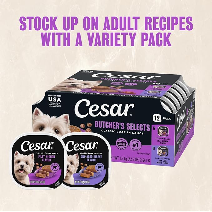 Cesar Classic Loaf in Sauce Wet Dog Food Butcher's Selects Variety Pack, Dry-Aged Ribeye Flavor and Filet Mignon Flavor, 3.5 oz. Easy Peel Trays, Variety Pack (12 Count, Pack of 1)