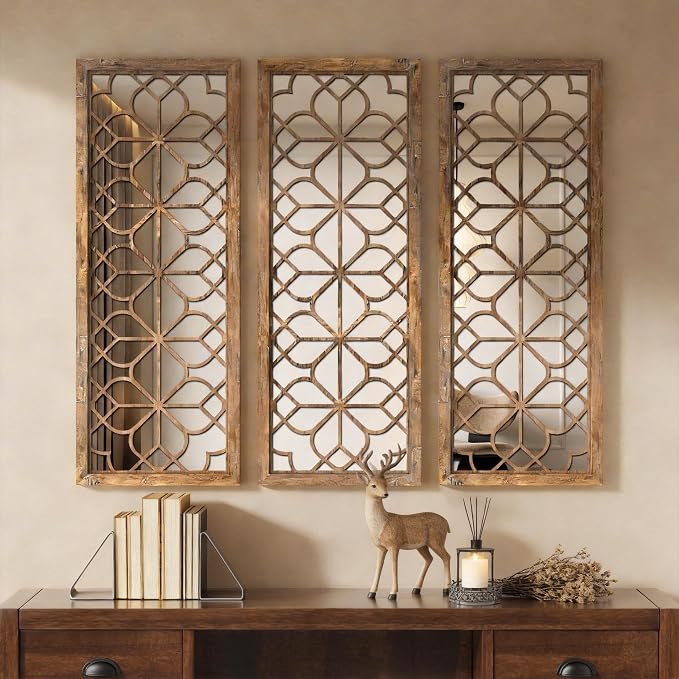 Set of 2 16x41.5 Inch Large Carved Floral Wood Frame Wall Mirrors, Shatterproof Boho Farmhouse Rustic Accent Mirrors for Living Room, Bedroom, Bathroom, Entryway & Home Wall Decor，Maroon