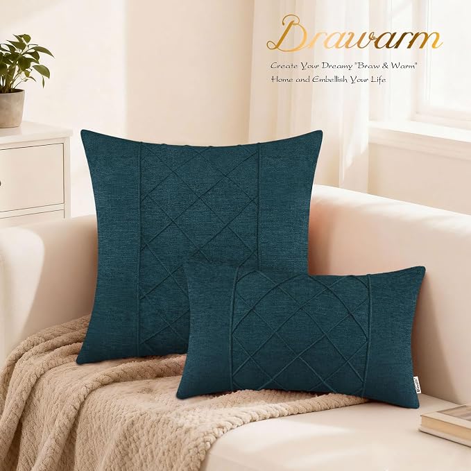 BRAWARM Chenille Throw Pillow Covers 12x20 Inches, Deep Lagoon, 2 Pack | Decorative Lumbar Pleated Pillow Covers, Soft Cushion Cases for Sofa Bed Living Room Home Farmhouse (No Insert)