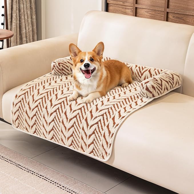 Calming Dog Bed Mats with Neck & Head Support, 35.43 x31.5 inch Khaki | for Small and Medium Dogs & Cats, Soft Flanne Couch Covers, Non-Slip, Machine Washable, Protects Sofa from Fur & Scratches