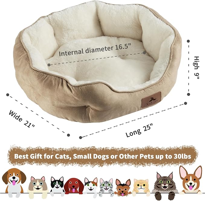 Medium Dog Bed for Medium Dogs, Cat Beds for Indoor Cats, Pet Bed for Puppy and Kitty, Extra Soft & Machine Washable with Anti-Slip & Water-Resistant Oxford Bottom, Light Brown, 25 inches