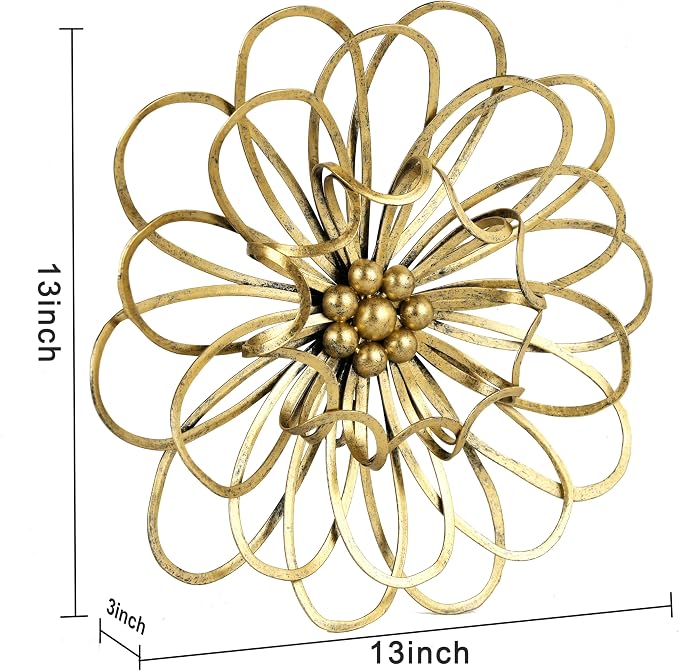 Remenna Metal Flowers Wall Decor, Metal Rustic Wall Art Decoration Farmhouse Wall Decorations Multiple Floral Hanging Decor for Bathroom Living Room Home Office Garden Kitchen 13inch (Rustic Gold)