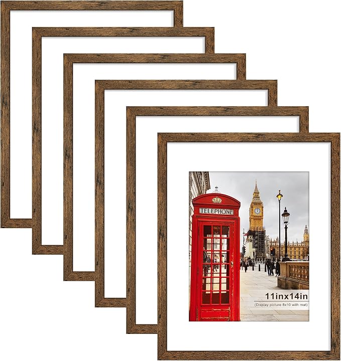 11x14 Picture Frame Set of 6, Wall or Tabletop Display, Rustic Brown | Display Pictures 8x10 with Mat or 11x14 without Mat,Horizontal or Vertical,Gallery Wall Frame Set,Wedding Birthday Gifts
