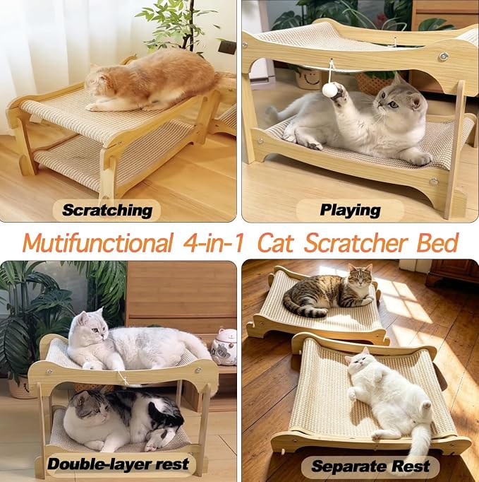 Two Level Sisal Cat Scratcher Bed | Natural Sisal Scratcher, Double Plush Perches, Non-Slip, Tool-Free Assembly for Indoor Apartment Cats Furniture Protection