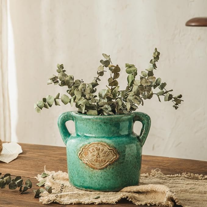 Green Rustic Ceramic Vase, 5.8 Inch Distressed Wide Mouth Vase with Ice Cracked Glazed, Farmhouse Vintage Flower Vases for Home Office Decor Living Room Bedroom Table Centerpiece Decorations