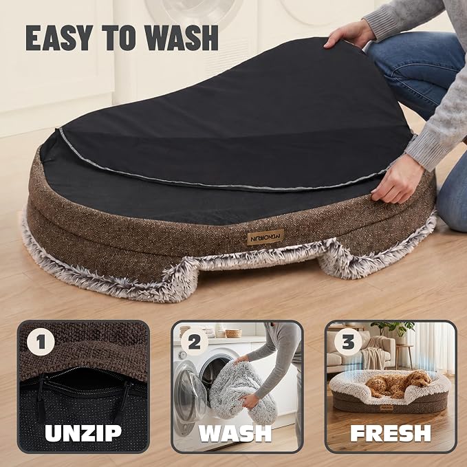 Fluffy Orthopedic Dog Beds Large Sized Dog, 36" Bolster Sofa Bed | Soft plush faux fur,lowered entry,washable cover,waterproof liner,claming dog couch for x-large dogs,supportive bolster