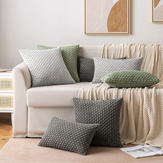 MIULEE Lumbar Decorative Throw Pillow Covers 12x20 Dark Grey Corduroy | Textured Striped Pack of 2 Striped Pillow Covers Modern Farmhouse Home Decor for Couch Bed Sofa Living Room