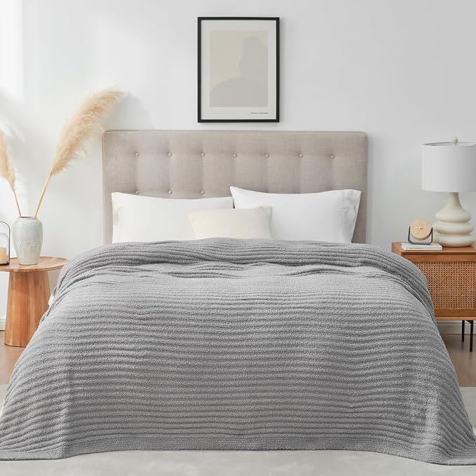 Snuggle Sac Queen Size Blue Blanket for Bed, Soft Luxurious Bedding Blankets, Large Fuzzy Plush Microfiber Blankets, Grey, 90x90 inches