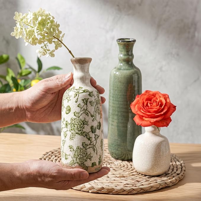 Ceramic Vase Set, 3Pcs Flower Vases for Modern Boho Farmhouse Decor, Decorative Vases for Pampas Grass & Dried Flowers, Distressed Finish