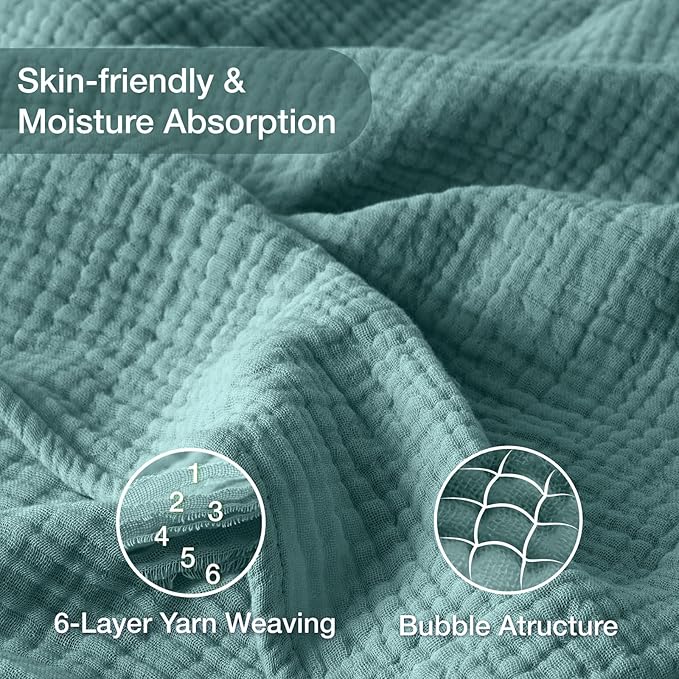 100% Cotton Muslin Blanket King 108" x 90", 6 Layers Breathable and Lightweight Cotton Throw Blanket for Bed, Soft Quilt Bedspread Coverlet, Gauze Blanket for Adults All Season, Teal