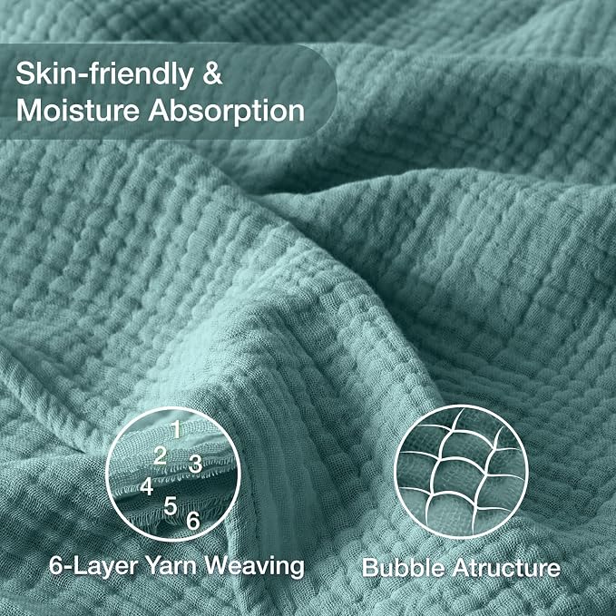 100% Cotton Muslin Blanket Queen 90" x 90", 6 Layers Breathable and Lightweight Cotton Throw Blanket for Bed, Soft Quilt Bedspread Coverlet, Gauze Blanket for Adults All Season, Teal