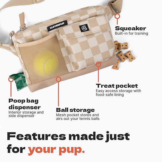 Cleverpup Walk & Train 2-in-1 Dog Walking Bag - Hands-Free, Checkerboard
