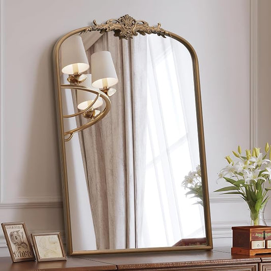 Besdomus Antique Large Wall Mirror: 24"x36" French Brass Gold Vanity Mirror | Vintage Metal Framed Decorative - Baroque Traditional Ornate for Entryway/Bathroom/Bedroom - Ideal for Bathroom Renovations
