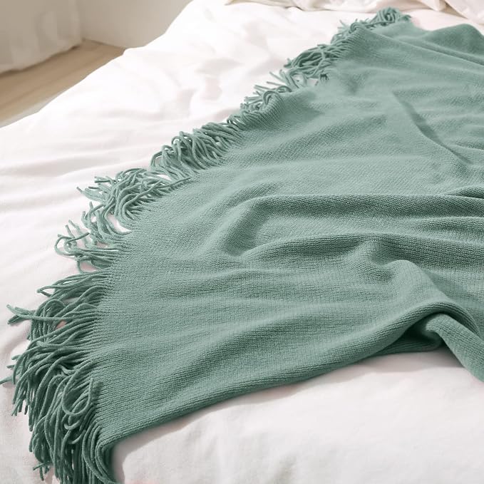 Homiest Sage Green Knitted Throw Blanket with Fringe, 50x60 Inch | Pure Acrylic, Lightweight & Breathable, All-Season Use, Machine Washable, Wrinkle & Fade Resistant, for Couch Sofa And Bed