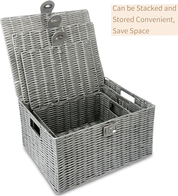 Honygebia Grey Wicker Storage Baskets - Set of 3 Decorative Nesting Boxes with Lids, Woven Basket with Lock & Handle, Organizer for Beauty Makeup Bathroom Decor