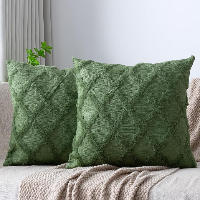 Set of 2 Soft Moroccan Throw Pillow Covers 20x20 Inch Plush Boho Decorative Pillow Cover Accent Cushion Case for Couch Sofa Bed, Olive Green
