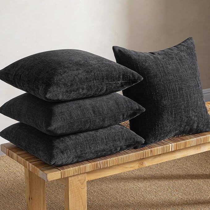 MIULEE Pack of 4 Fall Decorative Throw Pillow Covers 18x18 Inch Chenille Textured Throw Pillows Boho Farmhouse Rustic Cushion Covers Vintage Home Decor for Couch Sofa Bed Living Room，Black