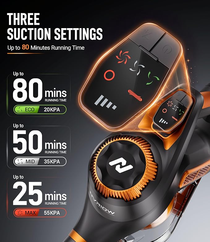 Cordless Vacuum Cleaner, 55Kpa Vacuum Cleaners for Home, Max 80mins Runtime Stick Vacuum with LED Display&1.5L Dust Cup, Rechargeable Lightweight Handheld Vacuum for Carpet/Hardwood Floor/Pet Hair/Car