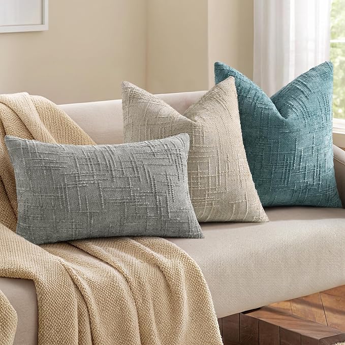 decorUhome Textured Chenille Throw Pillow Covers 18x18 Set of 2 Teal | Fall Modern Farmhouse Soft Cozy Slubby Couch Pillow Cases Boho Decorative Pillow Cases for Bed Sofa Living Room Home Decor