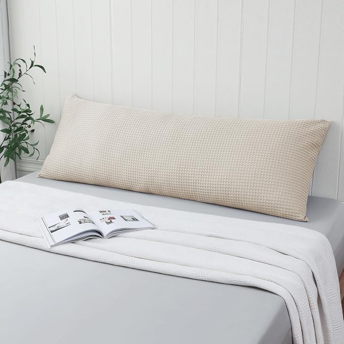 100% Egyptian Cotton 600 TC Waffle Weave Body Pillowcase with Zipper | 1 Pack Ultra Soft Breathable Pillow Cover, Skin-Friendly Bed Pillow Sham, Body Pillow Case Cover, Beige, 20" x 54"