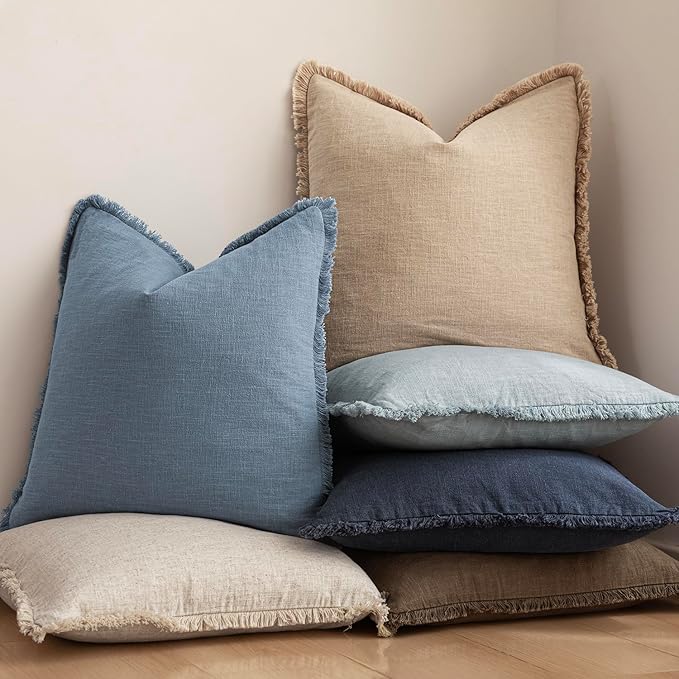 Foindtower Set of 2 Decorative Linen Fringe Throw Pillow Covers Cozy Boho Farmhouse Cushion Cover with Tassels Soft Accent Pillowcase for Couch Sofa Bed Living Room Home Decor, 16×16 Inch, Misty Blue