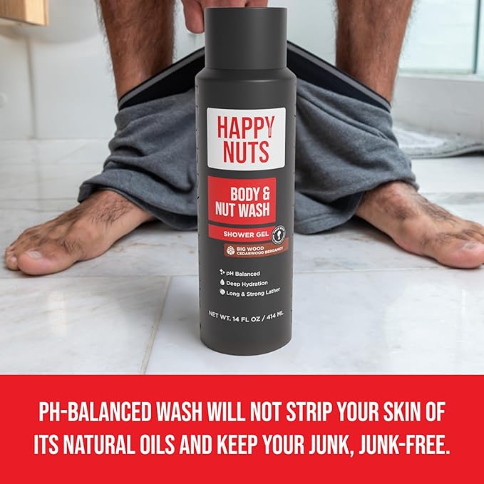 HAPPY NUTS Big Wood Body and Nut Wash - Moisturizing Men's Shower Gel, Natural Bodywash with Deep Cleanse for Sensitive Skin - Men's Body Soap (3 Pack, Big Wood)